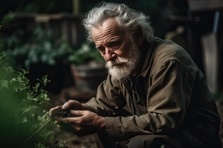 Elderly man with white beard and mustache working in the gardenの素材