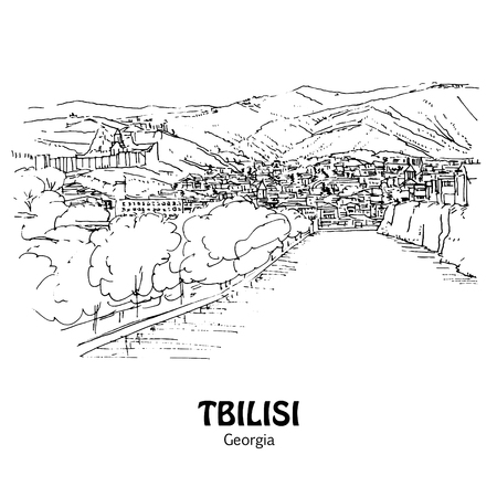 TBILISI (TIFLIS), GEORGIA, NORTH CAUCASUS: Panoramic view to the old Tbilisi and Mtkvari river (Kura). Hand drawn sketch, illustration. Poster, postcard, calendarのイラスト素材