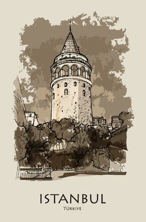 GALATA TOWER, ISTANBUL, TURKEY: Galata tower (Galata Kulesi), hand drawn sketch. Postcard, poster, calendarのイラスト素材