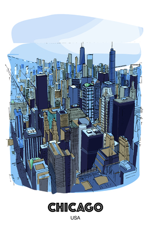 CHICAGO, USA: View to the city and lake from Willis Tower. Hand drawn sketchのイラスト素材