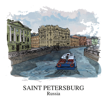 SAINT PETERSBURG, RUSSIA: View to Fontanka river. Hand drawn sketch. Poster, postcard, calendarのイラスト素材