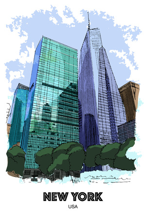 NEW YORK CITY, USA: Skyscrapers around Bryant park. Hand drawn sketchのイラスト素材