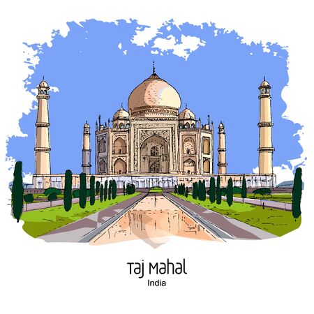 Taj Mahal, Agra, India: Panoramic view to mausoleum in the sunset lights. Hand drawn sketch. Postcard, poster.のイラスト素材