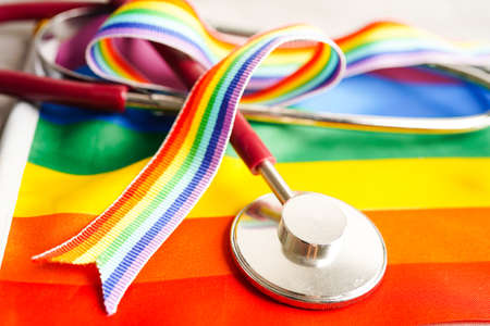 LGBT symbol, Stethoscope with rainbow ribbon, rights and gender equality, LGBT Pride Month in June.の写真素材