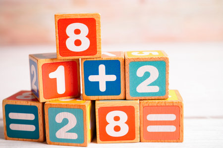 Number wood block cubes for learning Mathematic, education math concept.の写真素材