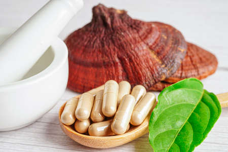 Lingzhi or Reishi mushroom with capsules, organic natural healthy food.の写真素材
