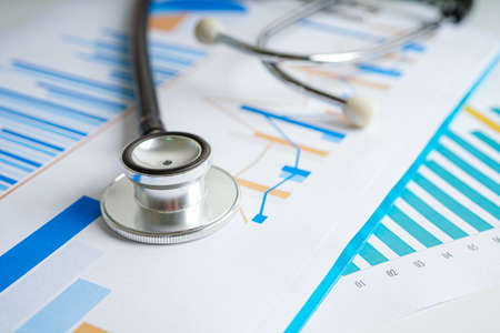 Stethoscope and US dollar banknotes on chart or graph paper, Financial, account, statistics and business data  medical health concept.の写真素材