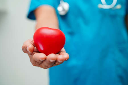 Asian woman doctor holding red heart for health in hospital.の写真素材