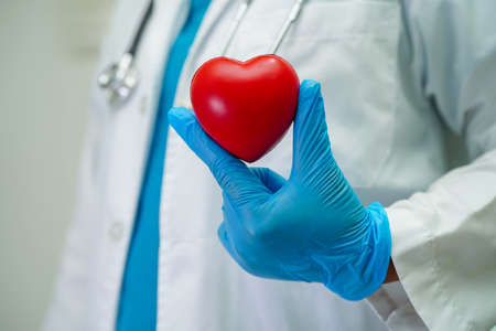 Asian woman doctor holding red heart for health in hospital.の写真素材