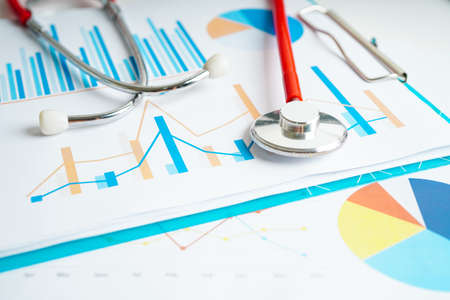 Stethoscope and US dollar banknotes on chart or graph paper, Financial, account, statistics and...