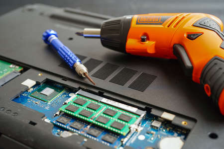 Repairing and upgrade circuit mainboard of notebook, electronic, computer hardware and technology concept.の写真素材