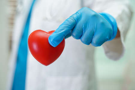 Asian woman doctor holding red heart for health in hospital.の写真素材
