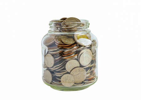 Money coins in grass jar isolated on white background with clipping path, Business saving banking...