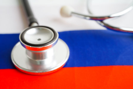 Black stethoscope on Russia flag background, Business and finance concept.の写真素材