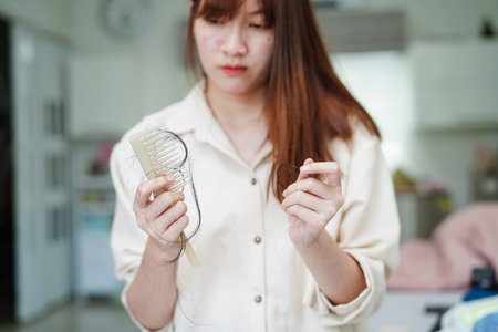 Asian woman have problem with long hair loss attach to comb brush.の写真素材