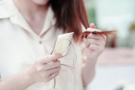 Asian woman have problem with long hair loss attach to comb brush.の写真素材