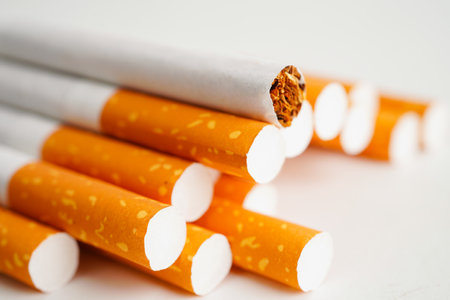 Cigarette, roll tobacco in paper with filter tube, No smoking concept.の写真素材