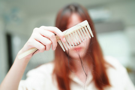 Asian woman have problem with long hair loss attach to comb brush.の写真素材