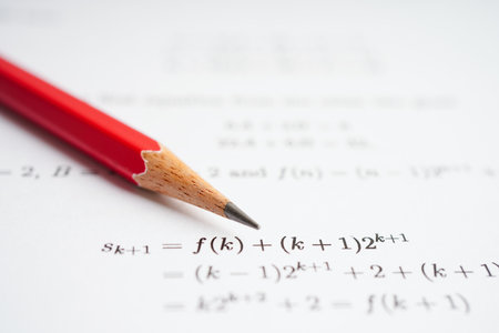 Pencil on mathematic formula exercise test paper in education school.の写真素材
