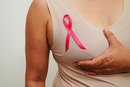 Asian woman with pink ribbon, World Breast Cancer Day at October.の写真素材