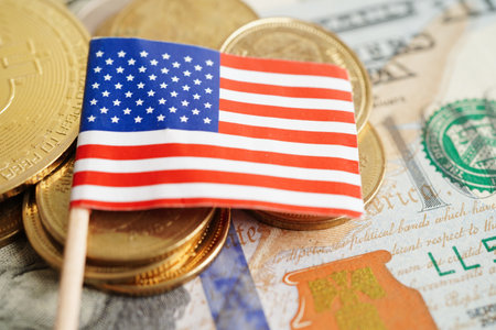 Stack of coins money with USA America flag, finance banking conceptの写真素材