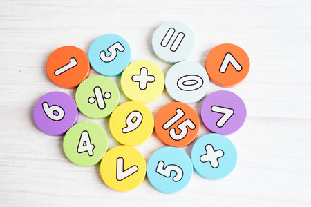 Number wood block cubes for learning Mathematic, education math concept.