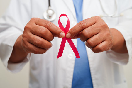 Asian woman doctor with pink ribbon, World Breast Cancer Day at October.