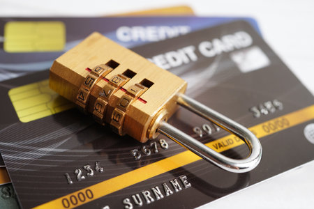 Credit card with password key lock, security finance business concept.