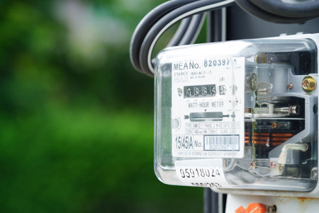 Bangkok, Thailand - May 15, 2022 Electric measuring power meter for energy cost at home and office.のeditorial素材