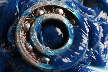 Grease and ball bearing, Blue premium quality synthetic lithium complex grease, high temperatures and machinery lubrication for automotive and industrial.の写真素材