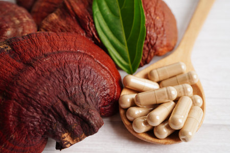 Lingzhi or Reishi mushroom with capsules, organic natural healthy food.の写真素材