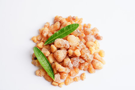 Frankincense or olibanum aromatic resin isolated on white background used in incense and perfumes.の写真素材