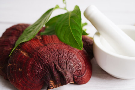Lingzhi or Reishi mushroom with capsules, organic natural healthy food.の写真素材
