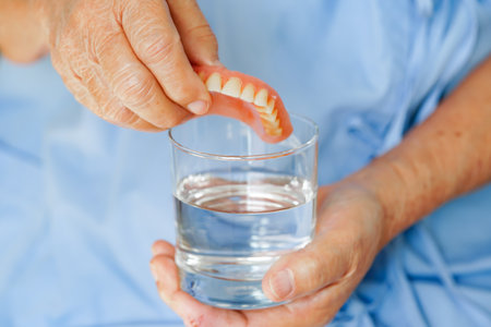 Asian senior woman patient clean teeth denture in a glass with solution for chew food.