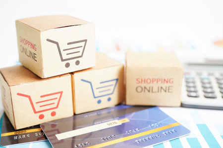 Online shopping, Shopping cart box with credit card , import export, finance commerce.の写真素材