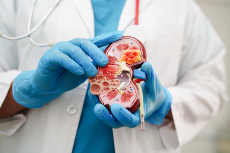 Chronic kidney disease, doctor holding model for treatment urinary system, urology, Estimated glomerular filtration rate eGFR.の写真素材