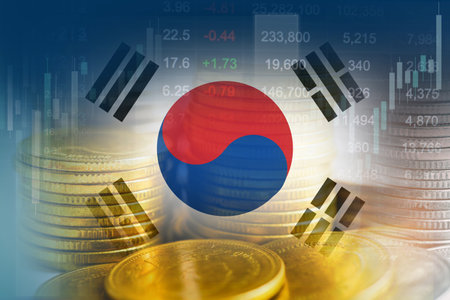 South Korea flag with stock market finance, economy trend graph digital technology.の写真素材