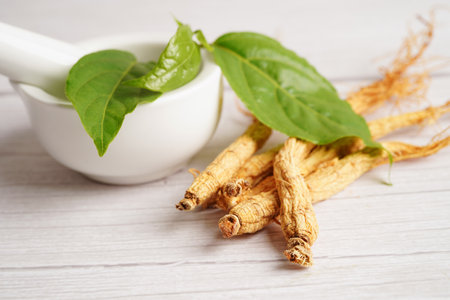 Ginseng roots and green leaf, healthy food.の写真素材
