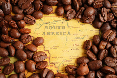 Coffee bean on world map, shopping online for export or import.のeditorial素材