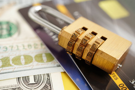 Credit card with password key lock, security finance business concept.