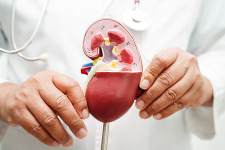Chronic kidney disease, doctor holding model for treatment urinary system, urology, Estimated glomerular filtration rate eGFR.の写真素材
