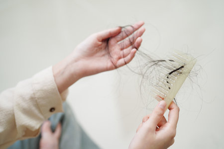 Asian woman have problem with long hair loss attach to comb brush.の写真素材