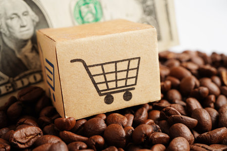 Shopping cart box on coffee beans, shopping online for export or import.の写真素材