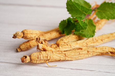 Ginseng roots and green leaf, healthy food.の写真素材