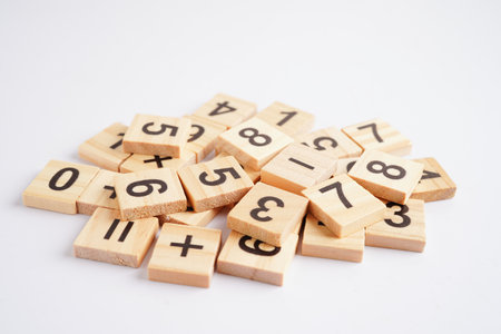 Number wood block cubes for learning Mathematic, education math concept.の写真素材