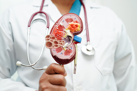 Chronic kidney disease, doctor holding model for treatment urinary system, urology, Estimated glomerular filtration rate eGFR.の写真素材