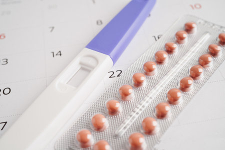 Pregnancy test for female on calendar, ovulation day.の写真素材