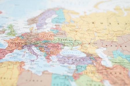 Bangkok, Thailand May 15, 2022 World map paper, closeup view.のeditorial素材