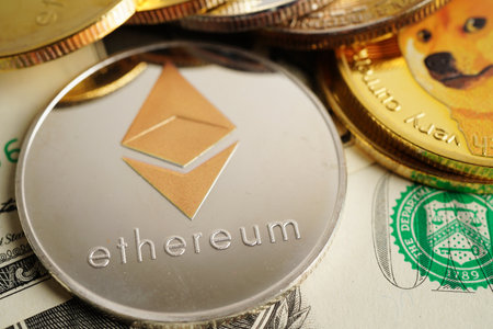 Golden bitcoin on US dollar banknotes money for business and commercial, Digital currency, Virtual...