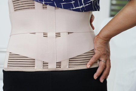 Asian senior wearing elastic support belt can help reduce back pain.